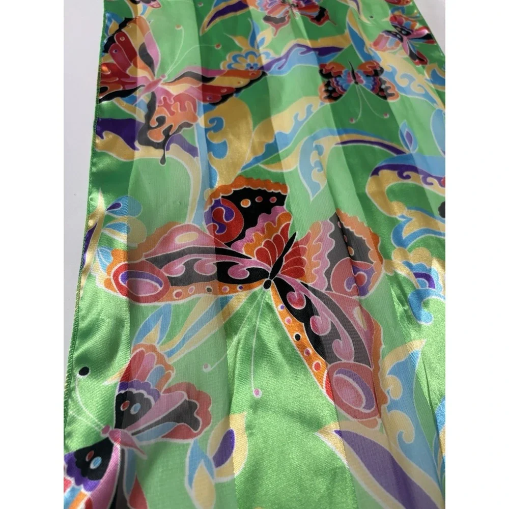 Vibrant Butterfly Scarf Polyester Sheer Green Long Rectangle Neck